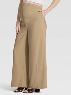 NWT Isabel Maternity Over Belly High-Rise Wide Leg Pull-On Pants Tan Size XL